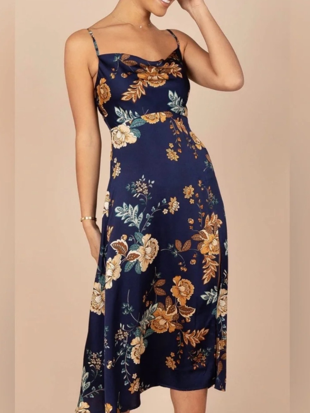 Floral Slip Midi Dress in Navy and Mustard